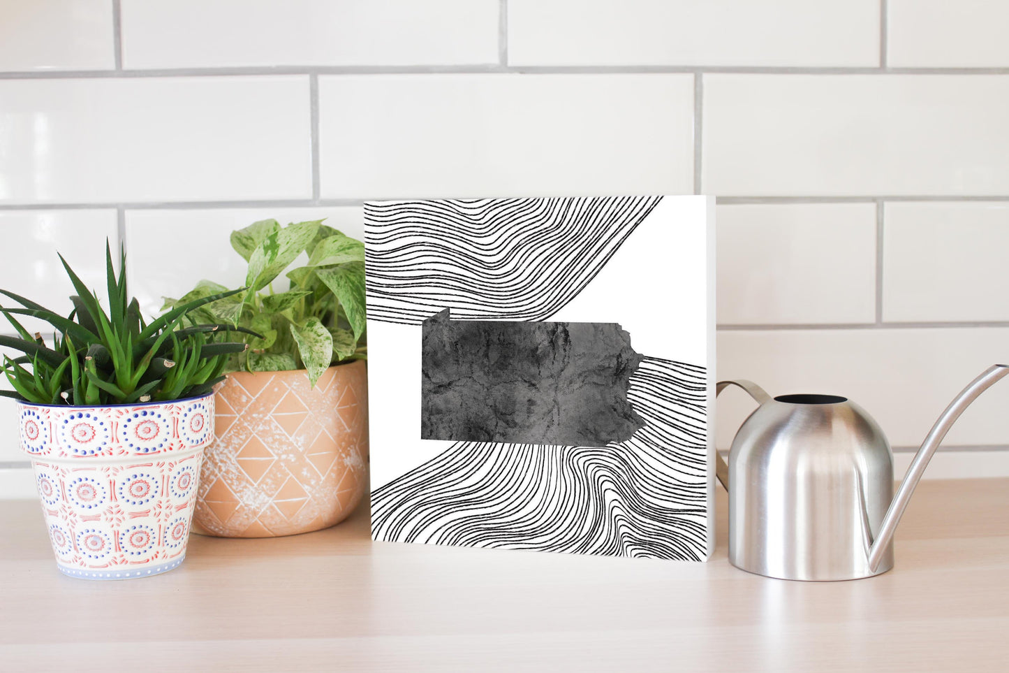 Minimalistic B&W Pennsylvania Shape Fluid Lines | Wood Block | Eaches | Min 2