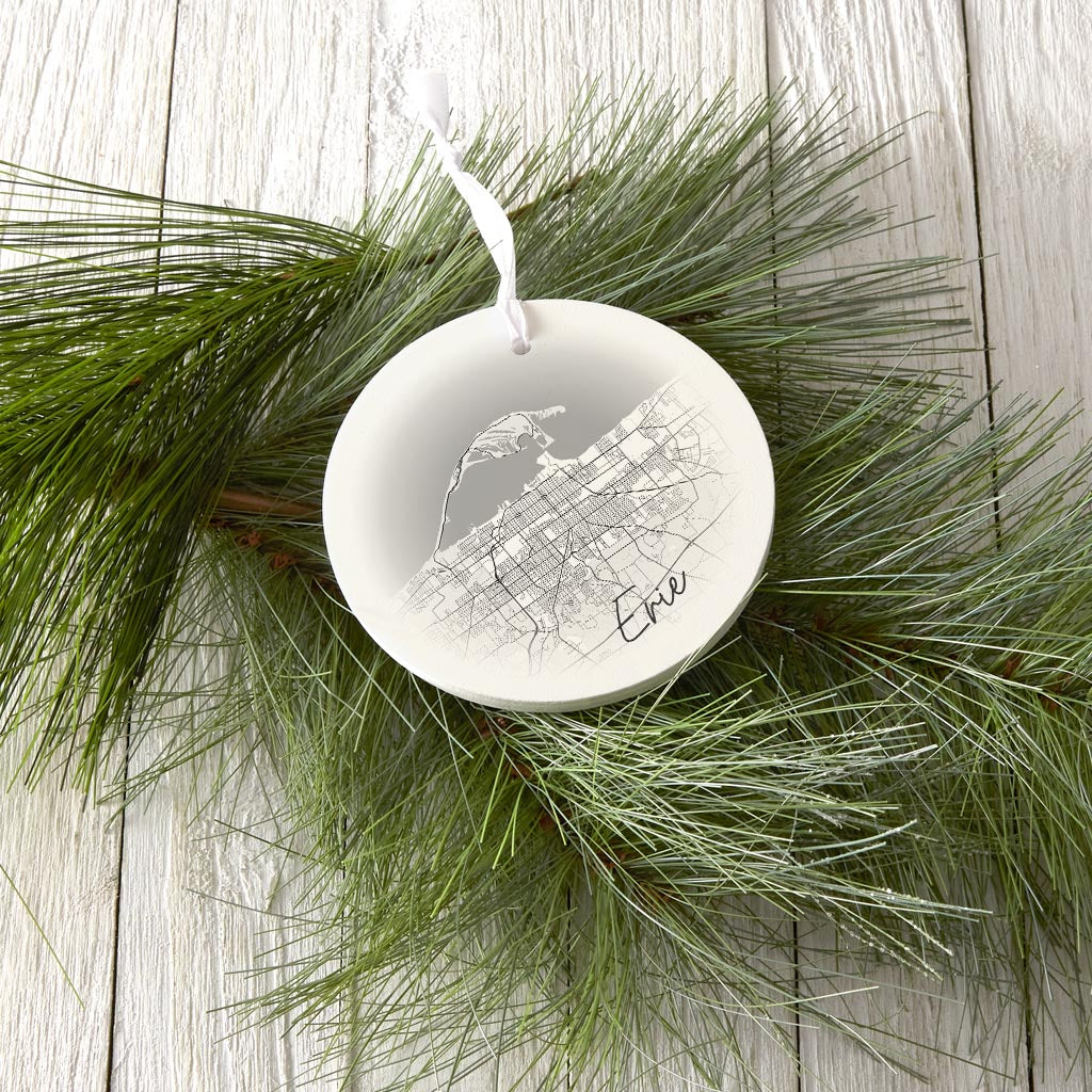 Minimalistic B&W Pennsylvania Erie Circle Map| Wood Ornament | Eaches | Min 6