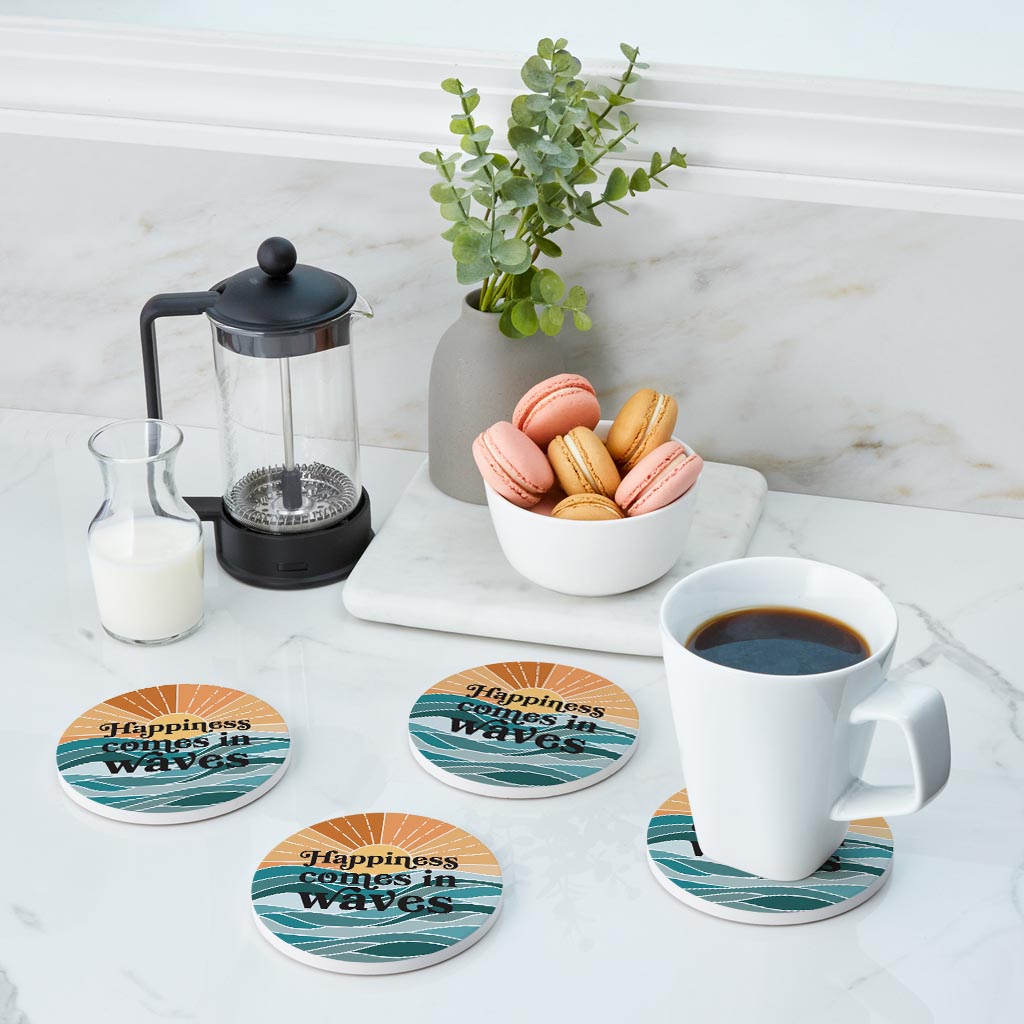 Happiness Comes In Waves| Absorbent Coasters | Set of 4 | Min 2