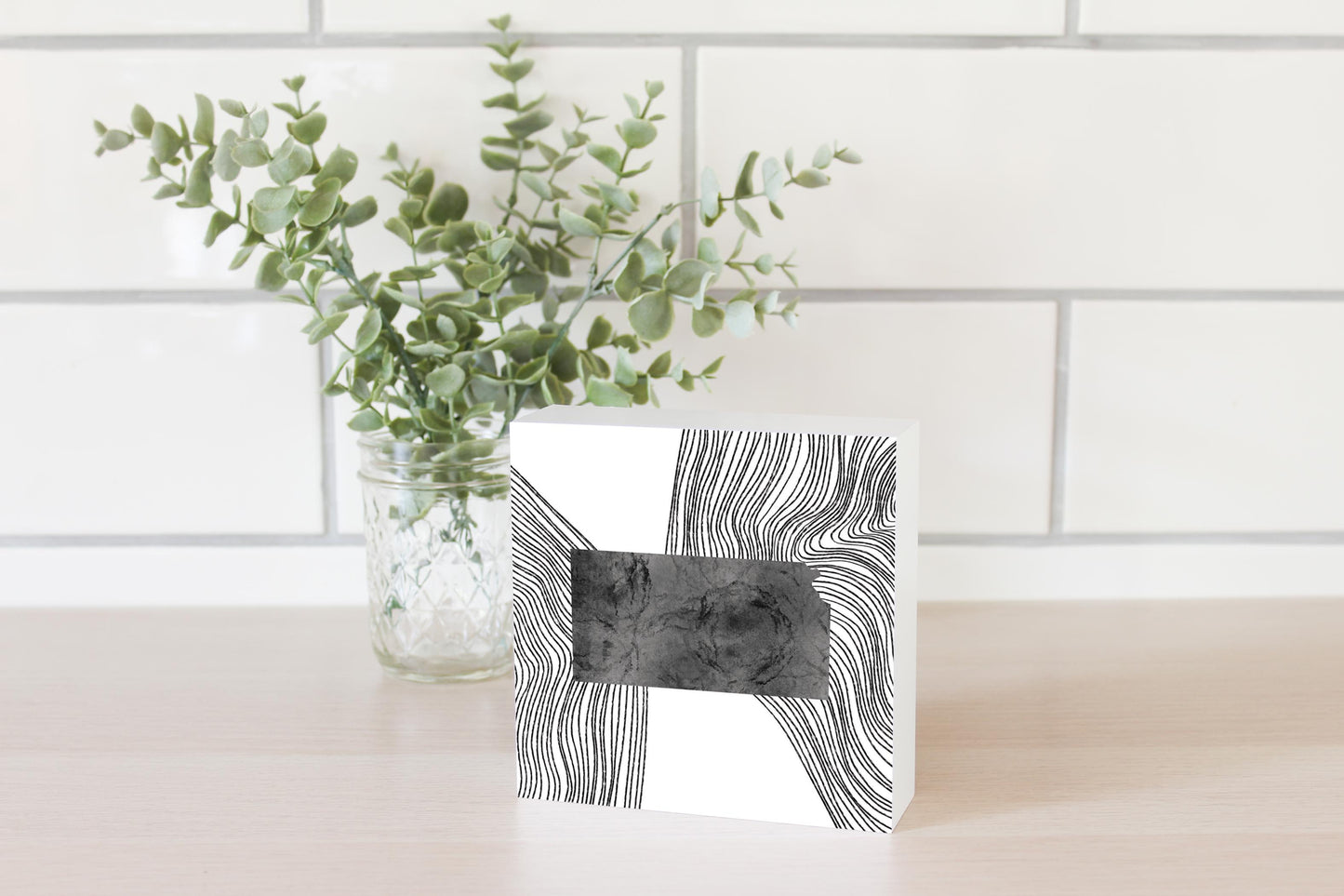 Minimalist B&W Kansas State With Fluid Lines | Wood Block | Eaches | Min 4