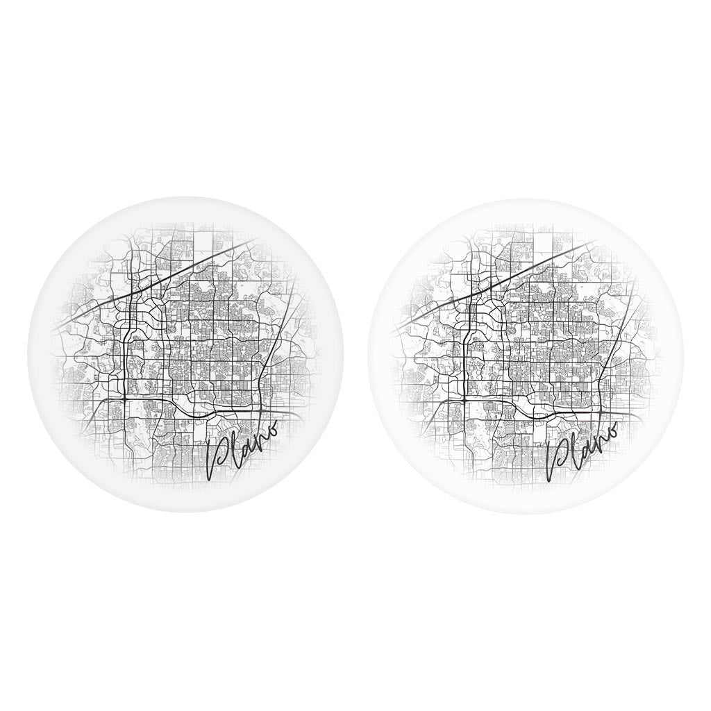 Minimalistic B&W Texas Plano Circle Map | Absorbent Car Coasters | Set of 2 | Min 4