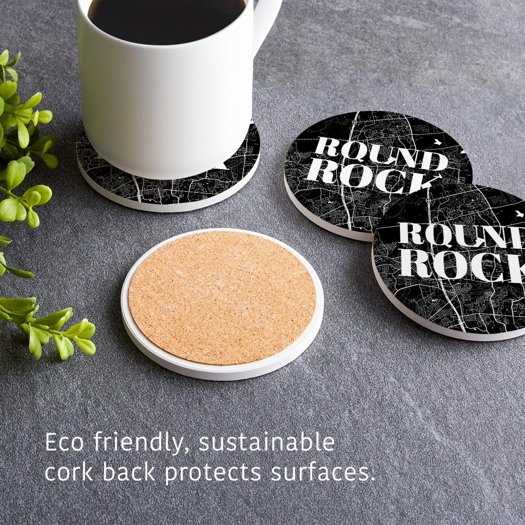 Minimalistic B&W Texas Round Rock Map | Absorbent Coasters | Set of 4 | Min 2