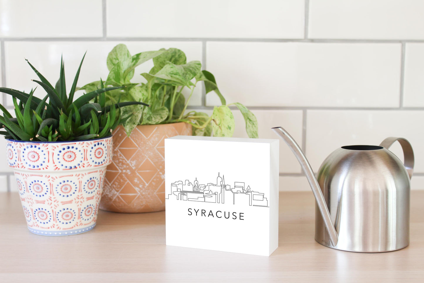 Minimalistic B&W New York Syracuse Skyline | Wood Block | Eaches | Min 4
