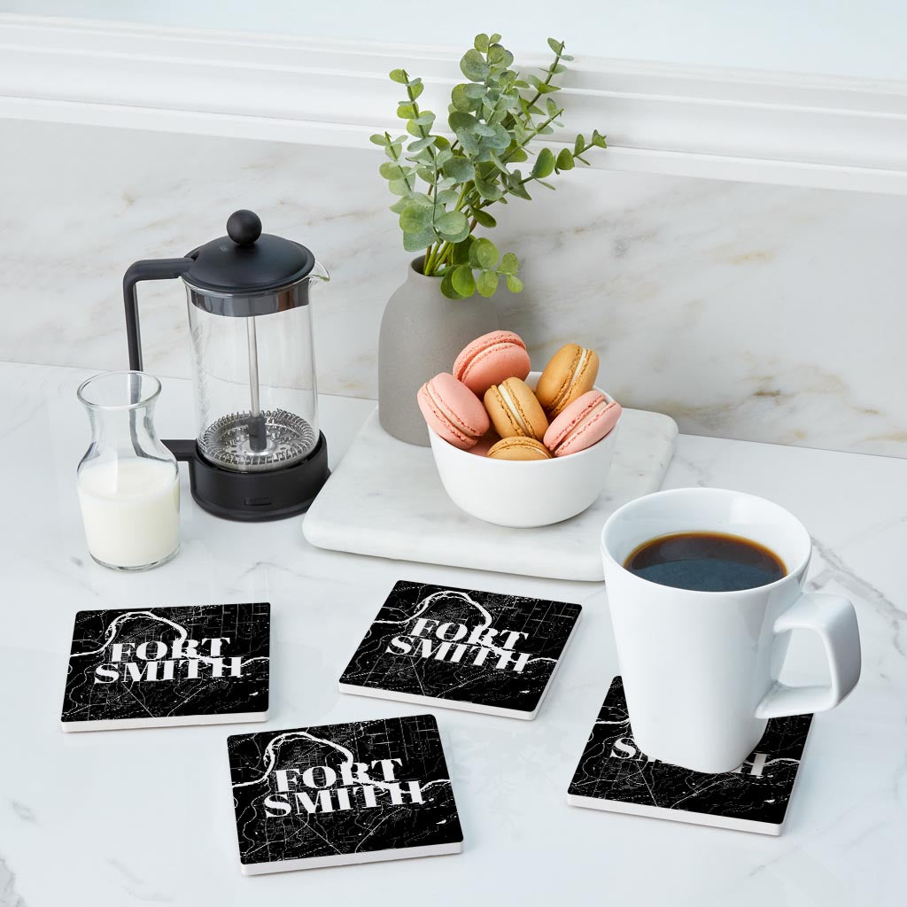 B&W Minimalist Arkansas Fort Smith Map | Absorbent Coasters | Set of 4 | Min 2