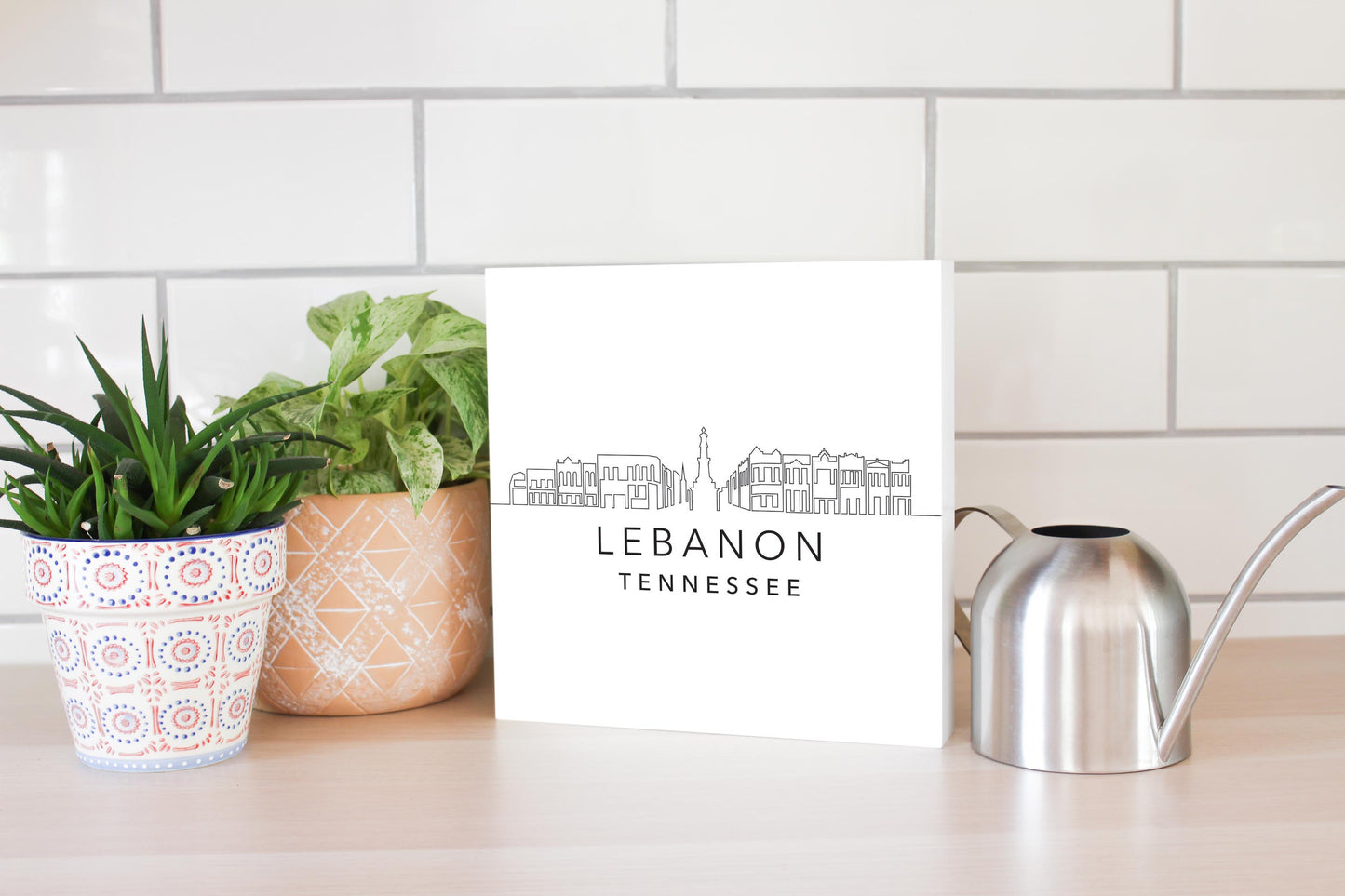 Minimalist B&W Tennessee Lebanon Skyline | Wood Block | Eaches | Min 2