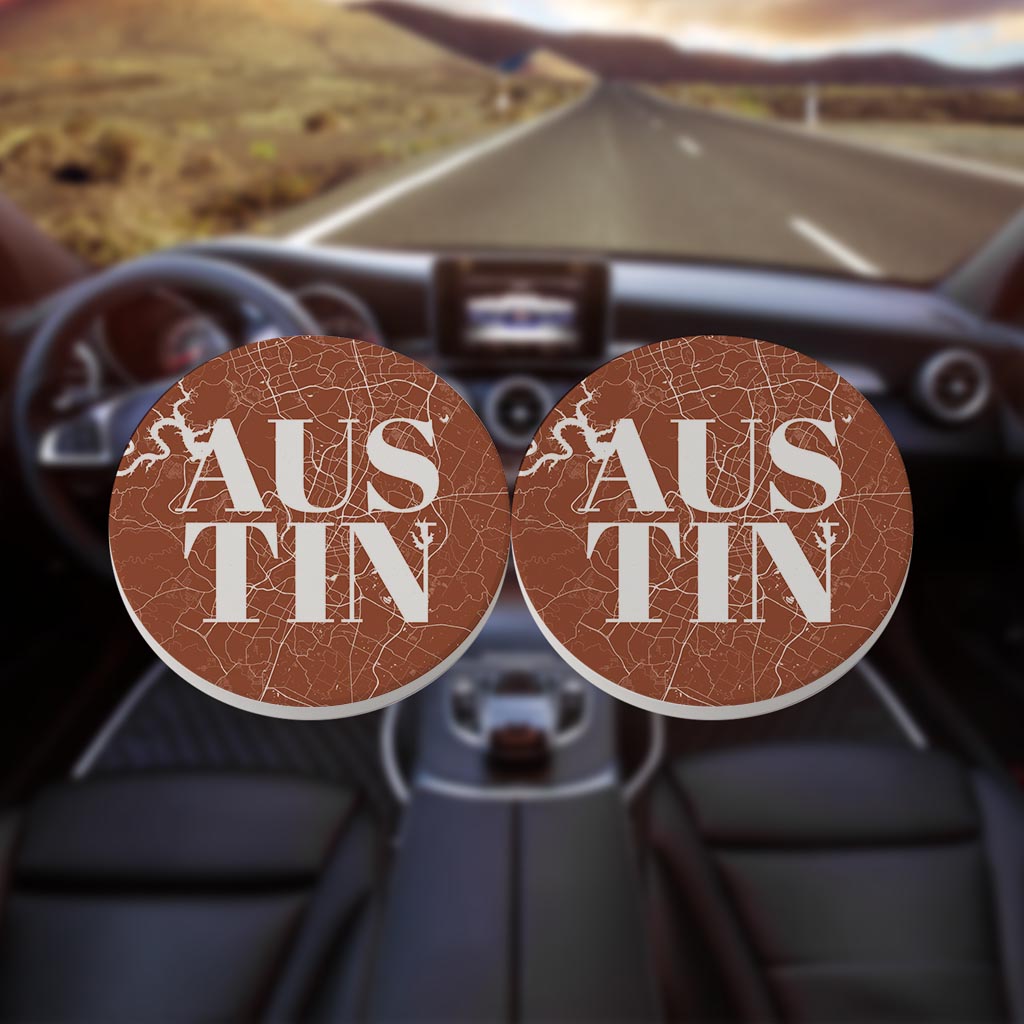 Modern Minimalist Texas Austin Map | Absorbent Car Coasters | Set of 2 | Min 4