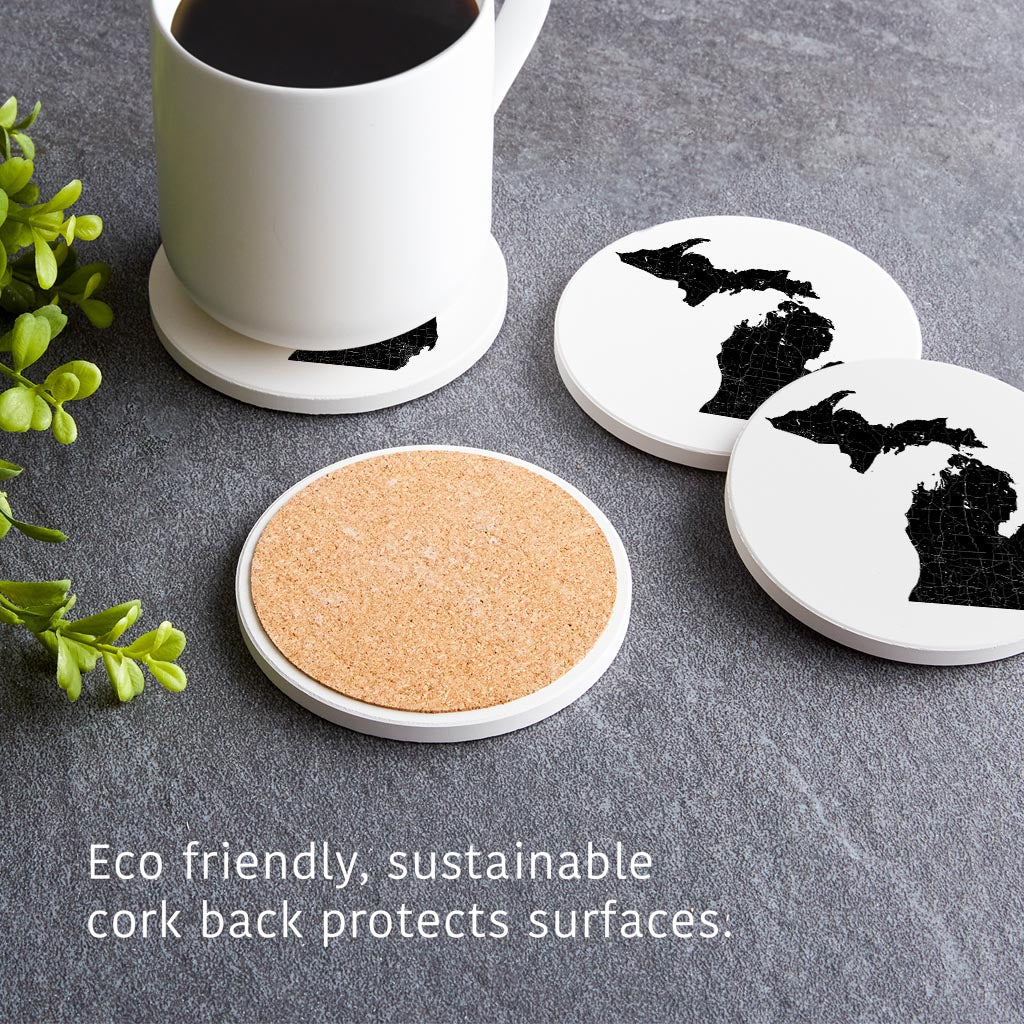 Minimalistic B&W Michigan Map Petoskey Star | Absorbent Coasters | Set of 4 | Min 2