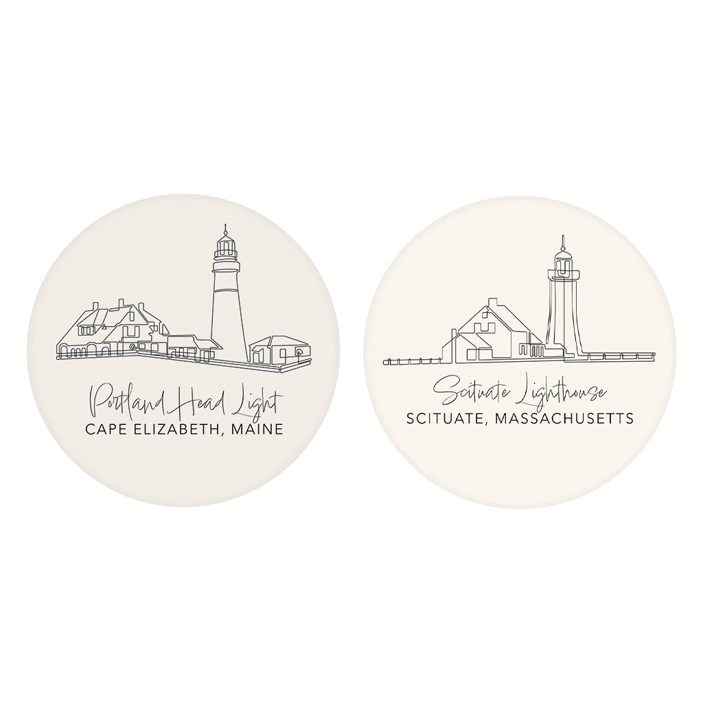 New England Lighthouses Cream Colored | Absorbent Car Coasters | Set of 2 | Min 4