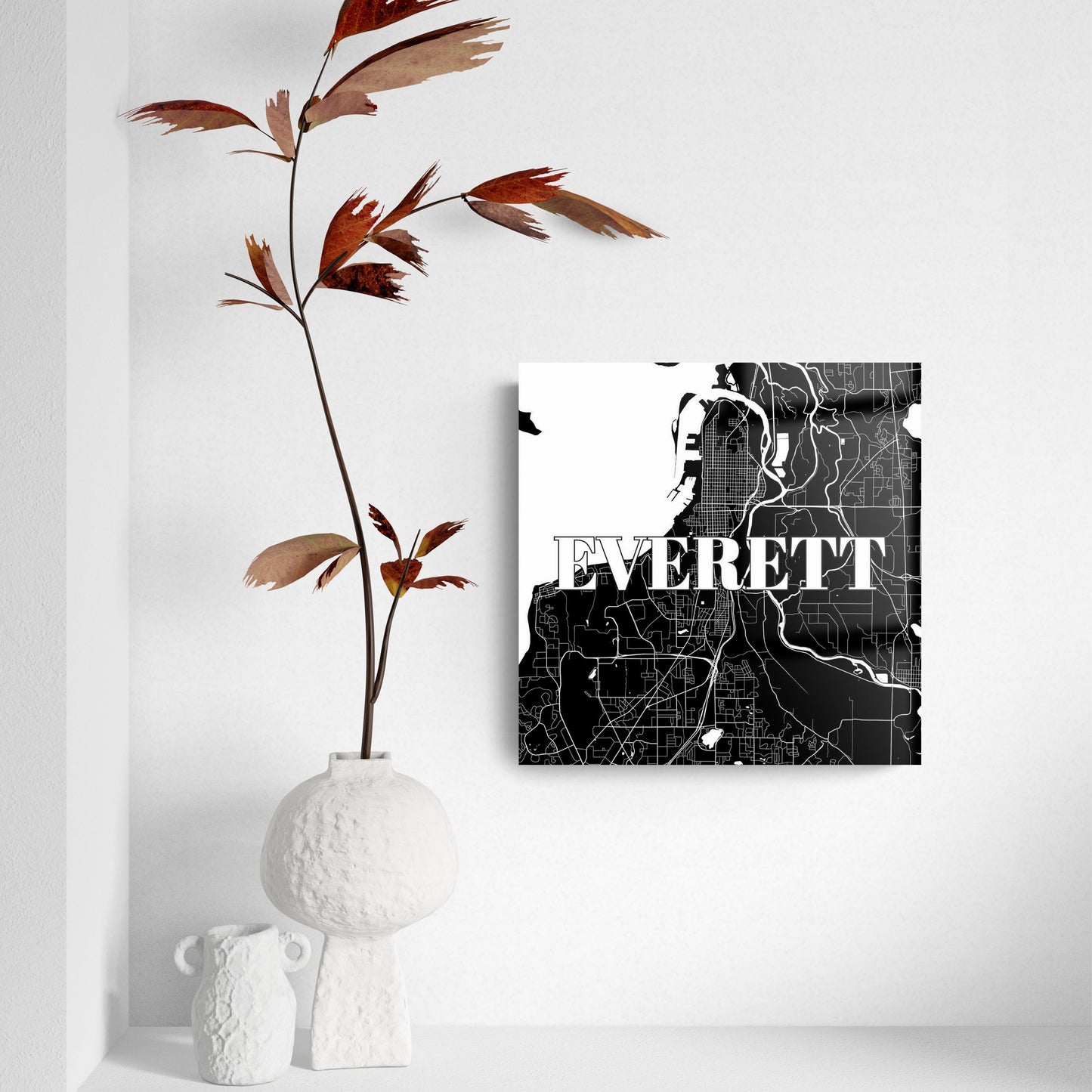 Minimalistic B&W Washington Everett Map | Hi-Def Glass Art | Eaches | Min 2