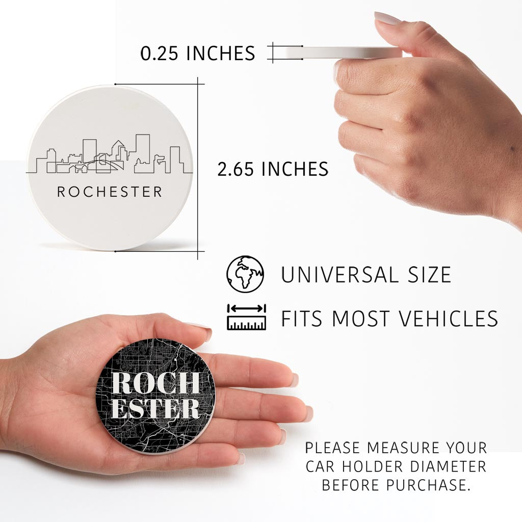 Minimalistic B&W New York Rochester Map Skyline| Absorbent Car Coasters | Set of 2 | Min 4