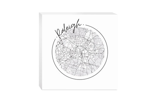 Minimalistic B&W North Carolina Raleigh Circle Map | Wood Block | Eaches | Min 2