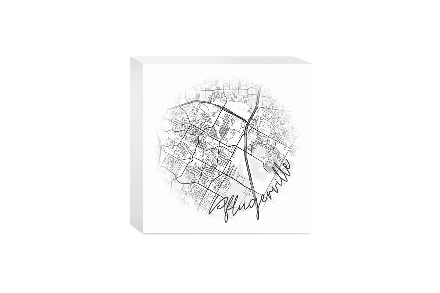 Minimalistic B&W Texas Pflugerville Circle Map | Wood Block | Eaches | Min 4