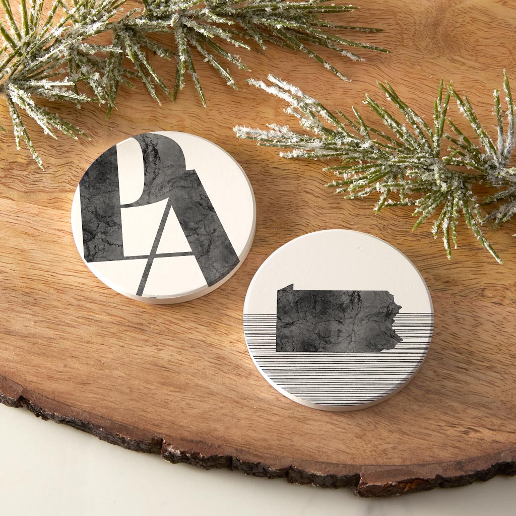 Minimalistic B&W Pennsylvania State Light Initials| Absorbent Car Coasters | Set of 2 | Min 4