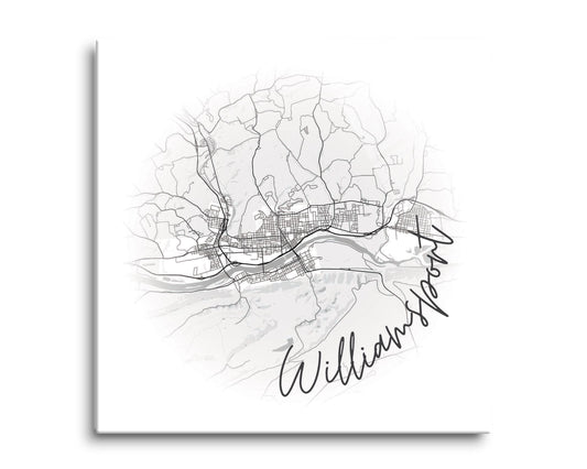 Minimalistic B&W Pennsylvania Williamsport Circle Map | Hi-Def Glass Art | Eaches | Min 2