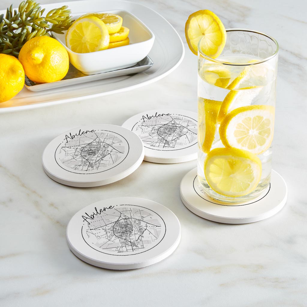 Minimalist B&W Texas Abilene Circle Map | Absorbent Coasters | Set of 4 | Min 2