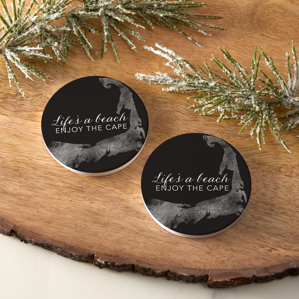 Minimalistic B&W Cape Cod Lifes A Beach | Absorbent Car Coasters | Set of 2 | Min 4