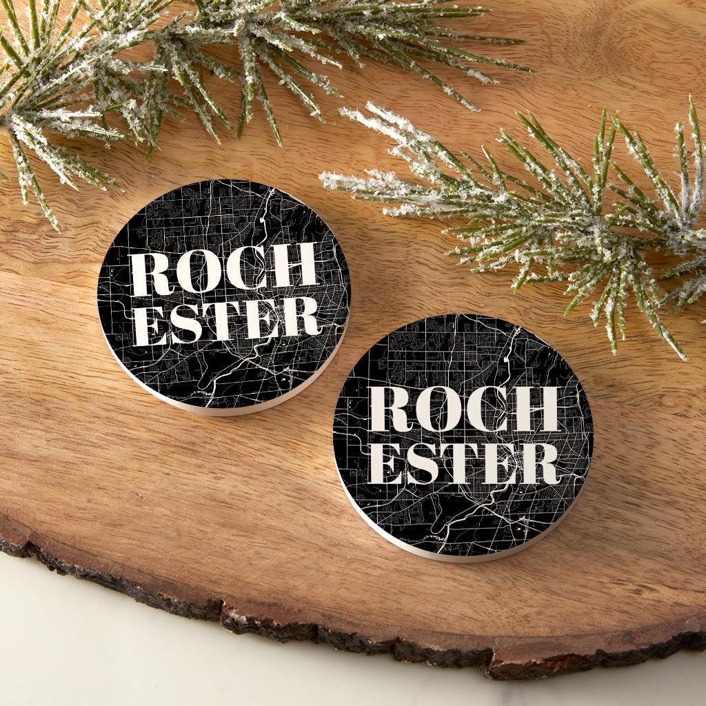 Minimalistic B&W New York Rochester Map | Absorbent Car Coasters | Set of 2 | Min 4