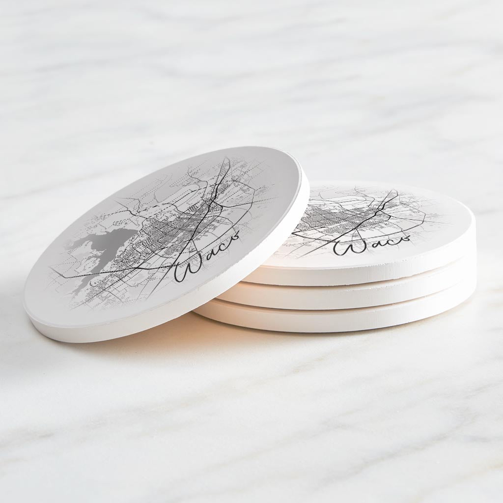 Minimalistic B&W Texas Waco Circle Map | Absorbent Coasters | Set of 4 | Min 2