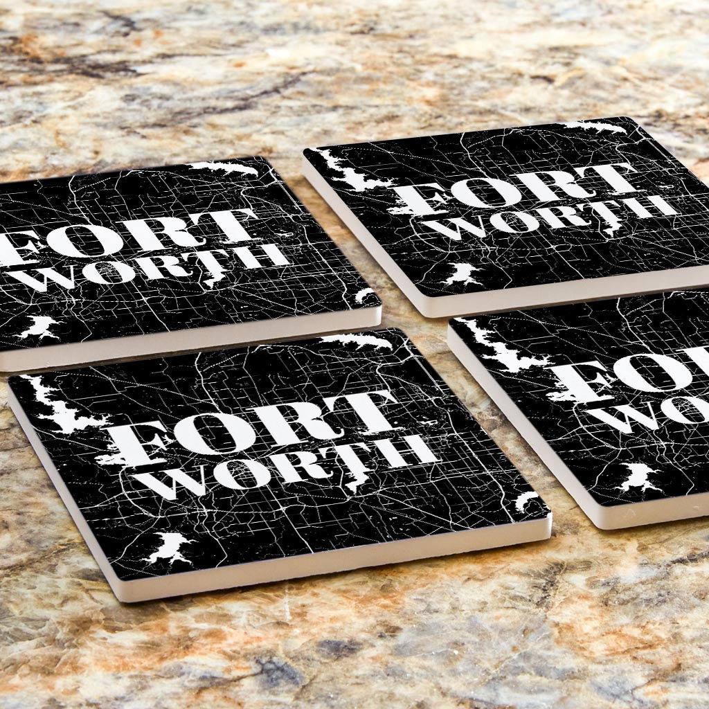 Minimalistic B&W Texas Fort Worth Map | Absorbent Coasters | Set of 4 | Min 2