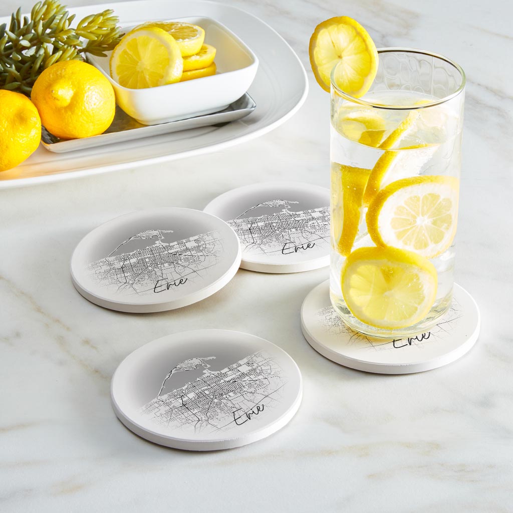 Minimalistic B&W Pennsylvania Erie Circle Map | Absorbent Coasters | Set of 4 | Min 2