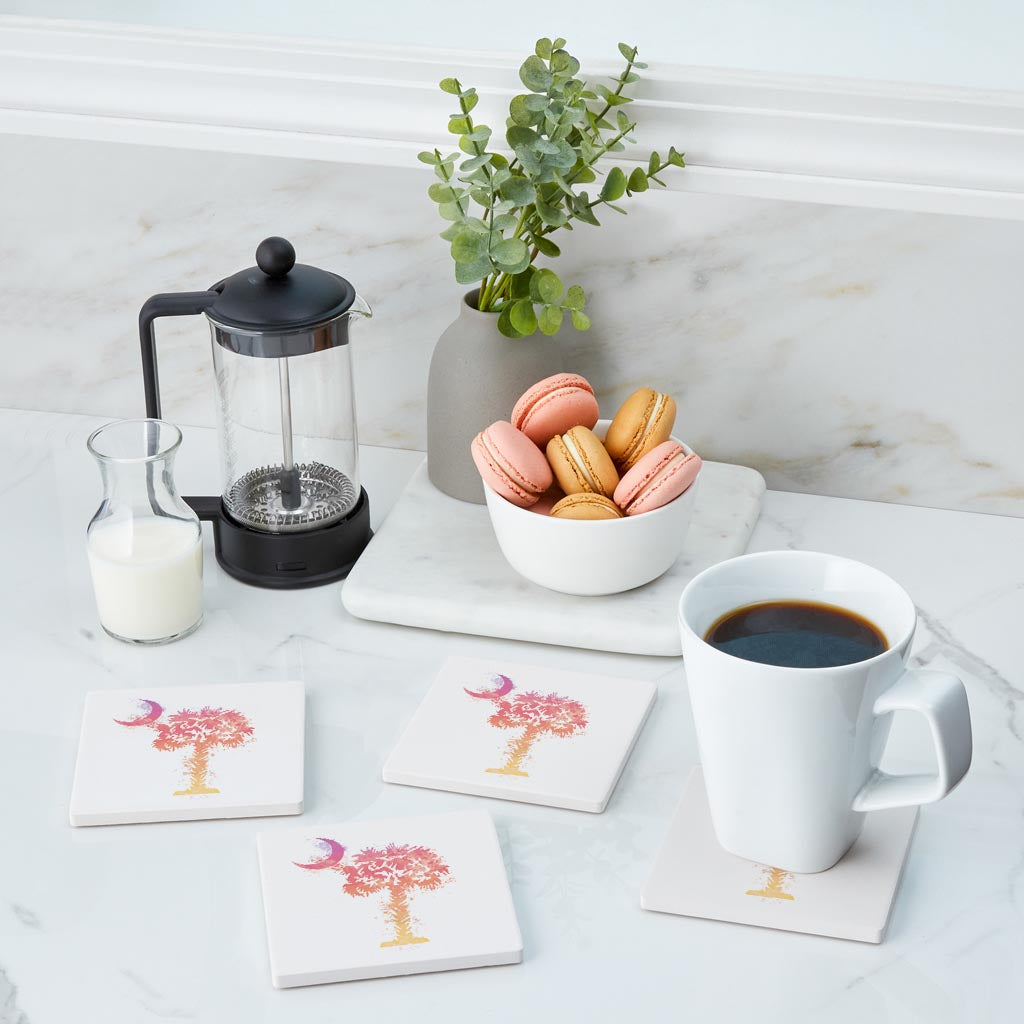 South Carolina Pink Water Color Palm Trees On White| Absorbent Coasters | Set of 4 | Min 2