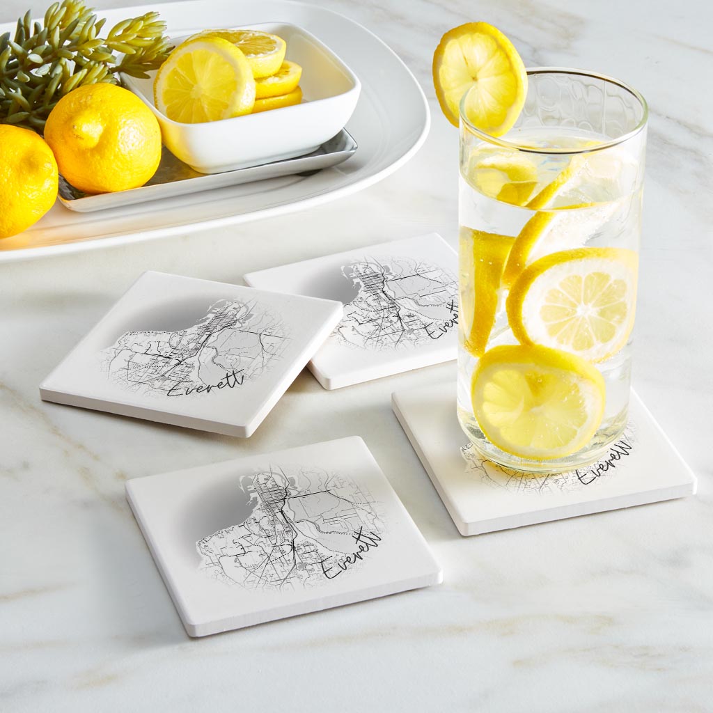 Minimalistic B&W Washington Everett Circle Map | Absorbent Coasters | Set of 4 | Min 2