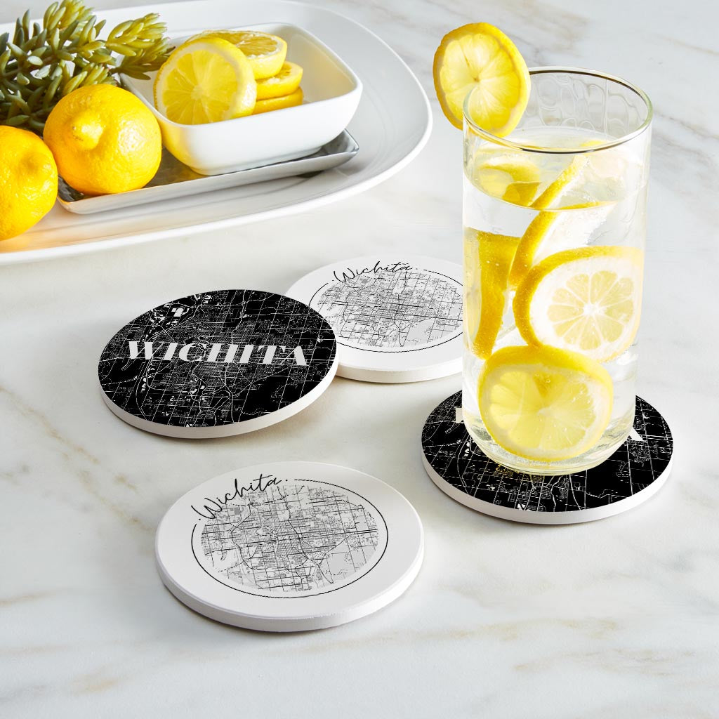 Minimalist B&W Kansas Wichita Maps | Absorbent Coasters | Set of 4 | Min 2