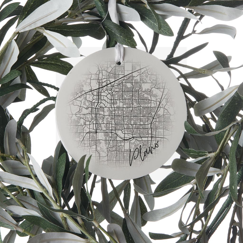 Minimalistic B&W Texas Plano Circle Map | Wood Ornament | Eaches | Min 6