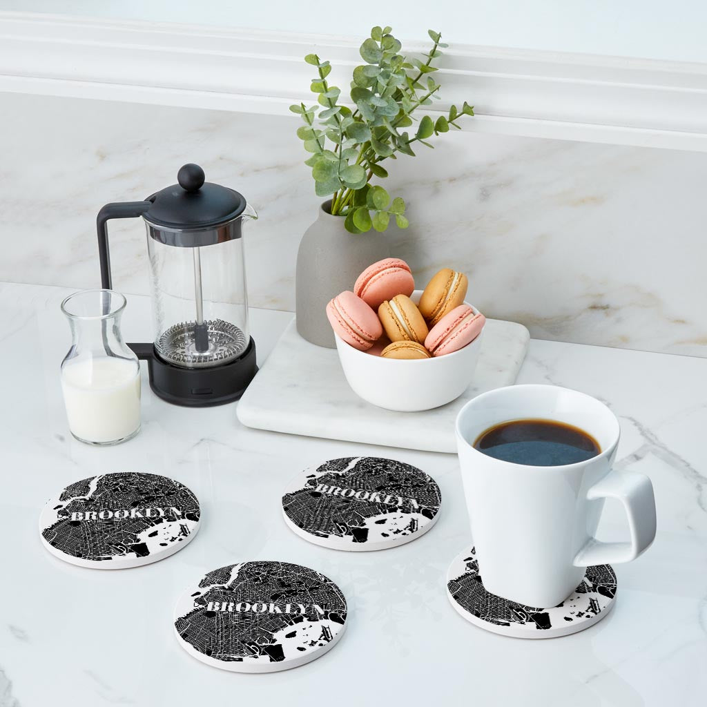 Minimalistic B&W New York Brooklyn Map | Absorbent Coasters | Set of 4 | Min 2