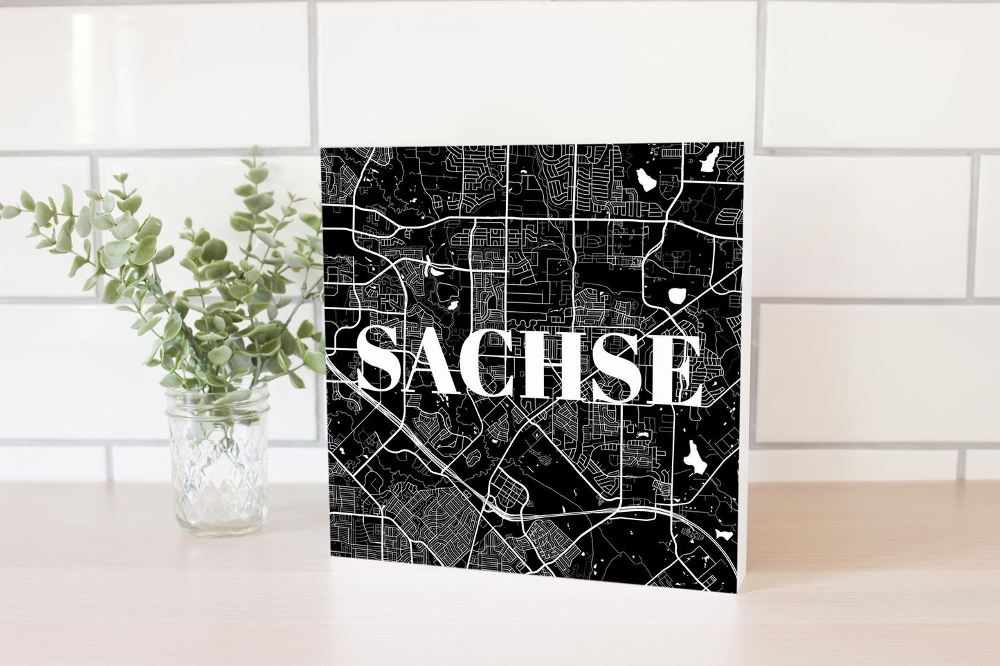 Minimalistic B&W Texas Sachse Map | Wood Block | Eaches | Min 2
