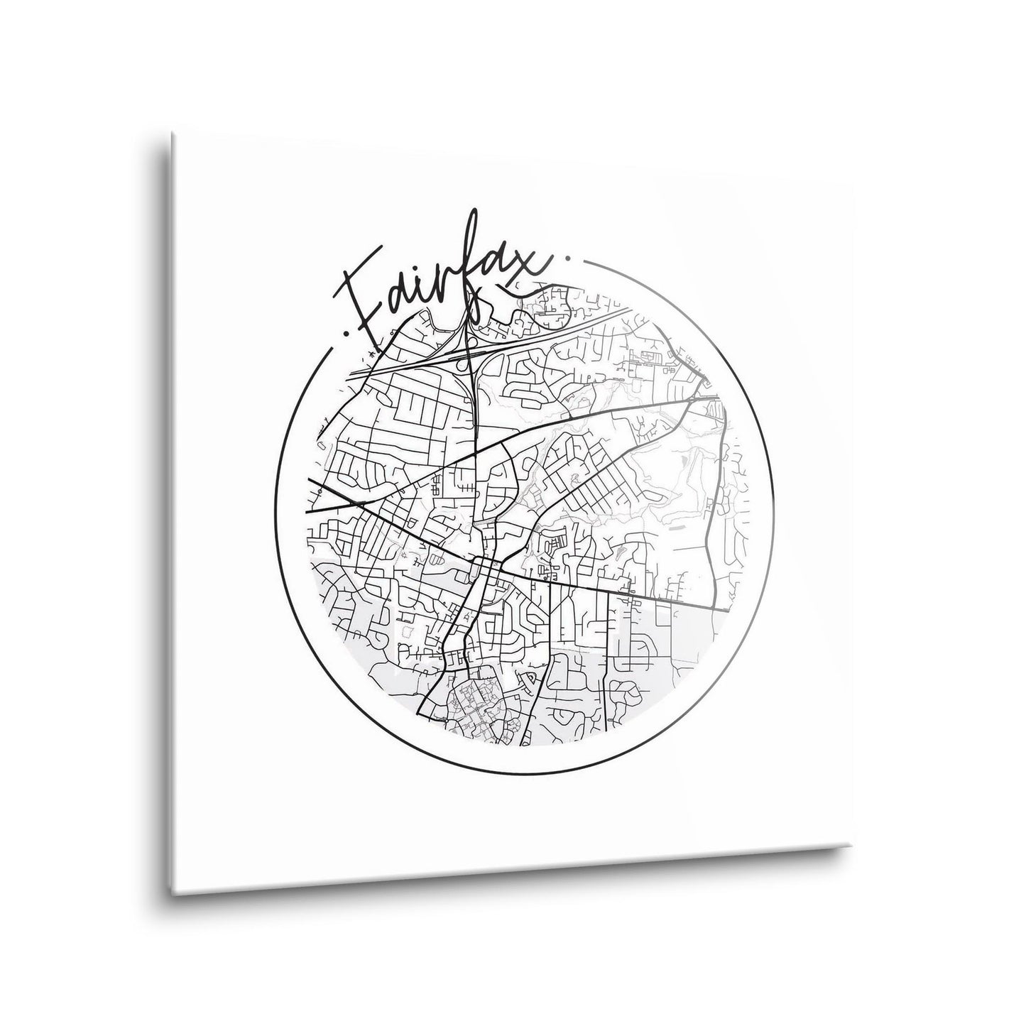 Minimalistic B&W Virginia Fairfax Circle Map | Hi-Def Glass Art | Eaches | Min 1
