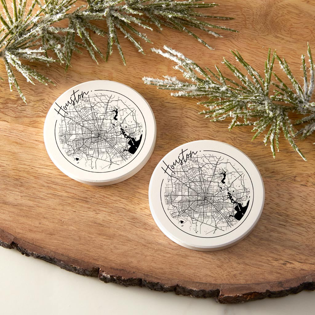 Modern Houston White Round Map | Absorbent Car Coasters | Set of 2 | Min 4