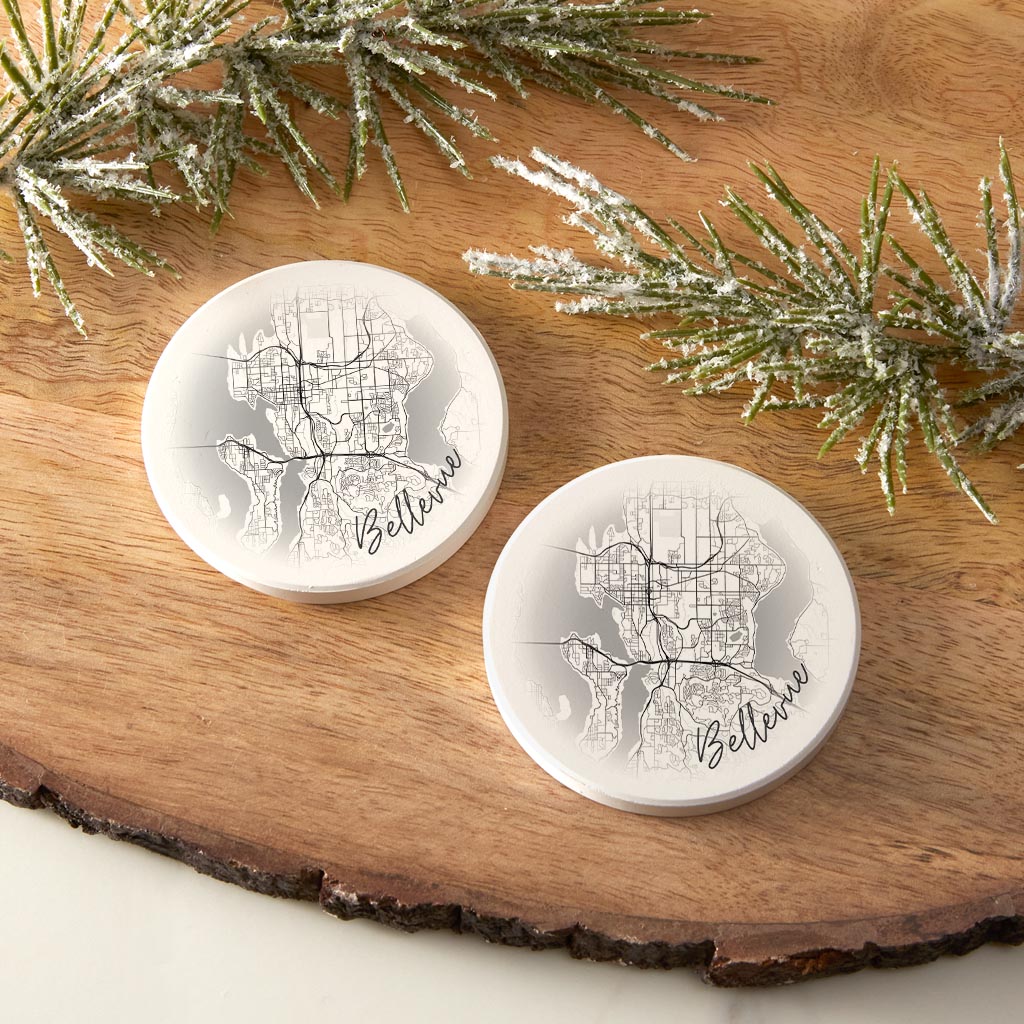 Minimalistic B&W Washington Bellevue Circle Map| Absorbent Car Coasters | Set of 2 | Min 4