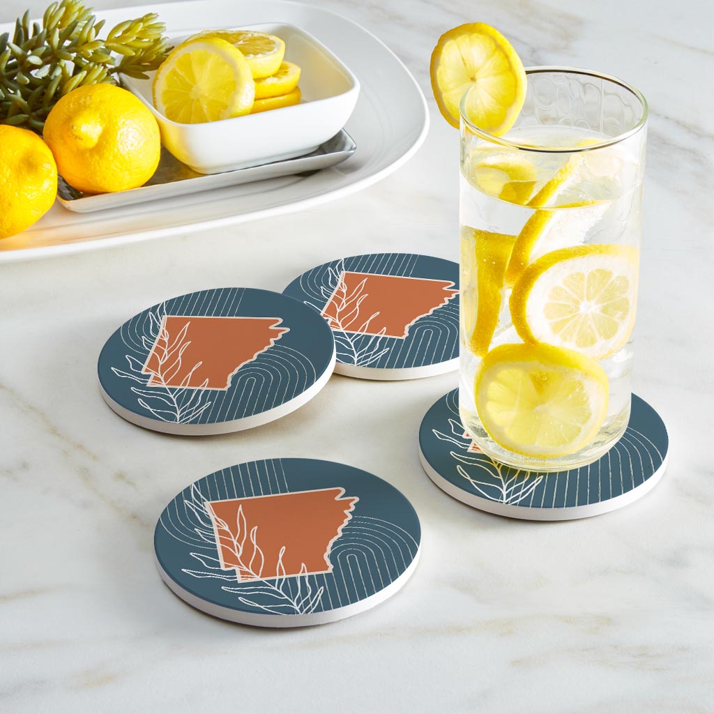 Modern Minimalist Arkansas State Shape With Leaf | Absorbent Coasters | Set of 4 | Min 2