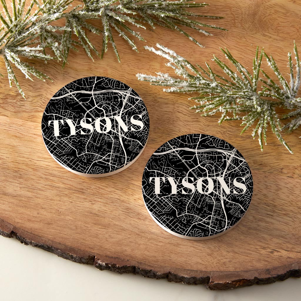 Minimalistic B&W Virginia Tysons Map | Absorbent Car Coasters | Set of 2 | Min 4