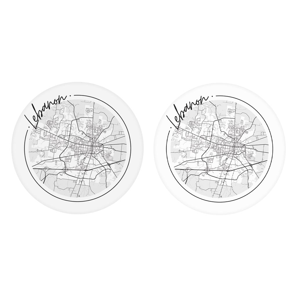 Minimalist B&W Tennessee Lebanon Circle Map | Absorbent Car Coasters | Set of 2 | Min 4