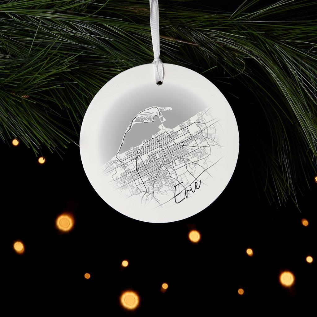 Minimalistic B&W Pennsylvania Erie Circle Map| Wood Ornament | Eaches | Min 6