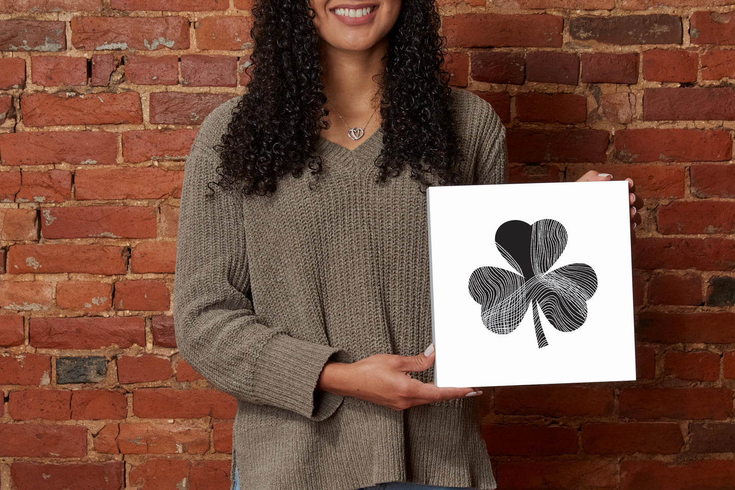 Minimalistic B&W Shamrock Shape Fluid Lines | Wood Block | Eaches | Min 2