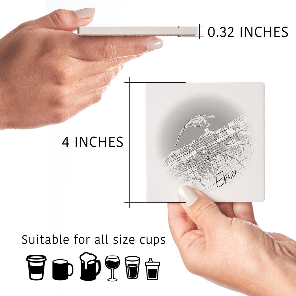 Minimalistic B&W Pennsylvania Erie Circle Map | Absorbent Coasters | Set of 4 | Min 2