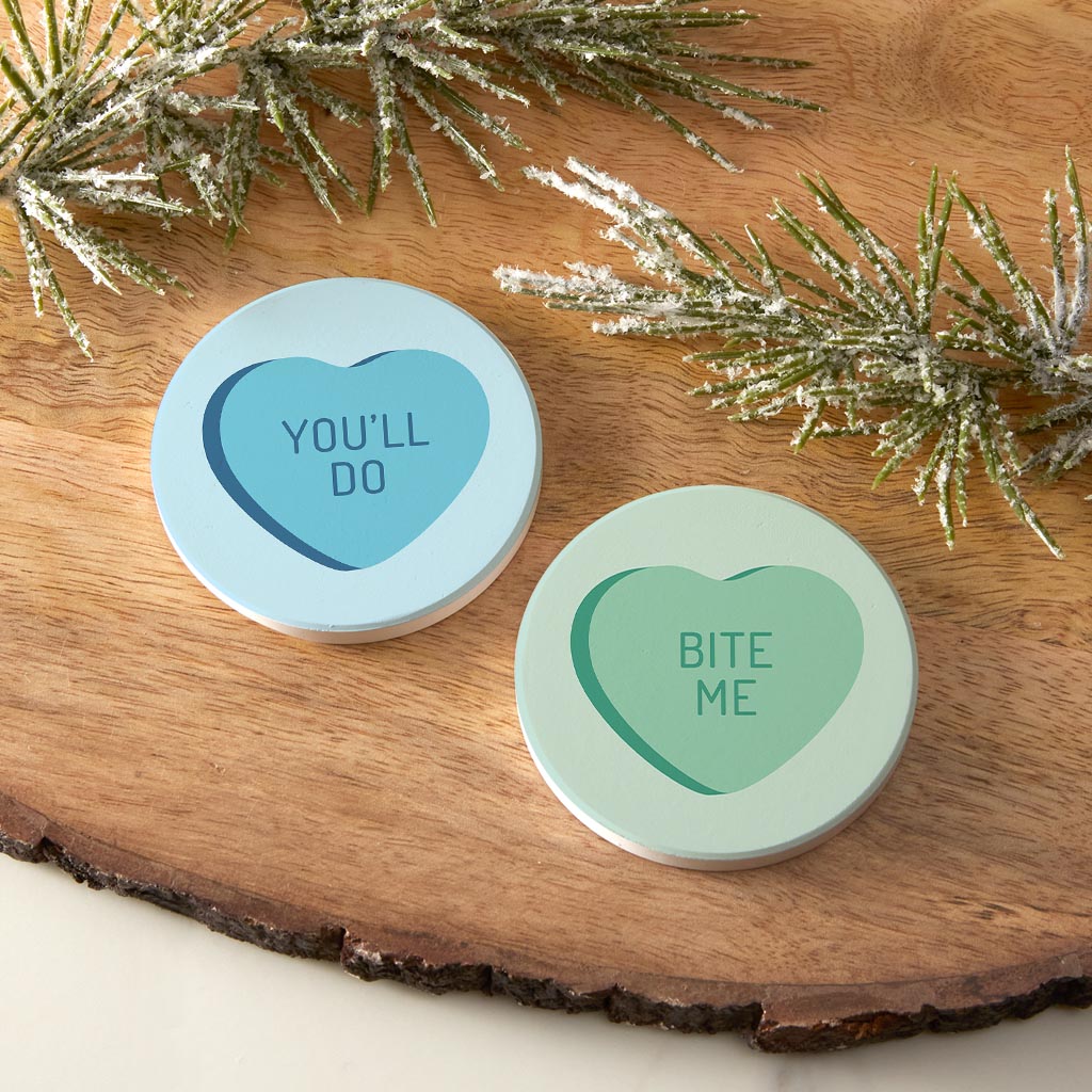 Funny Message Hearts Youll Do Bite Me| Absorbent Car Coasters | Set of 2 | Min 4