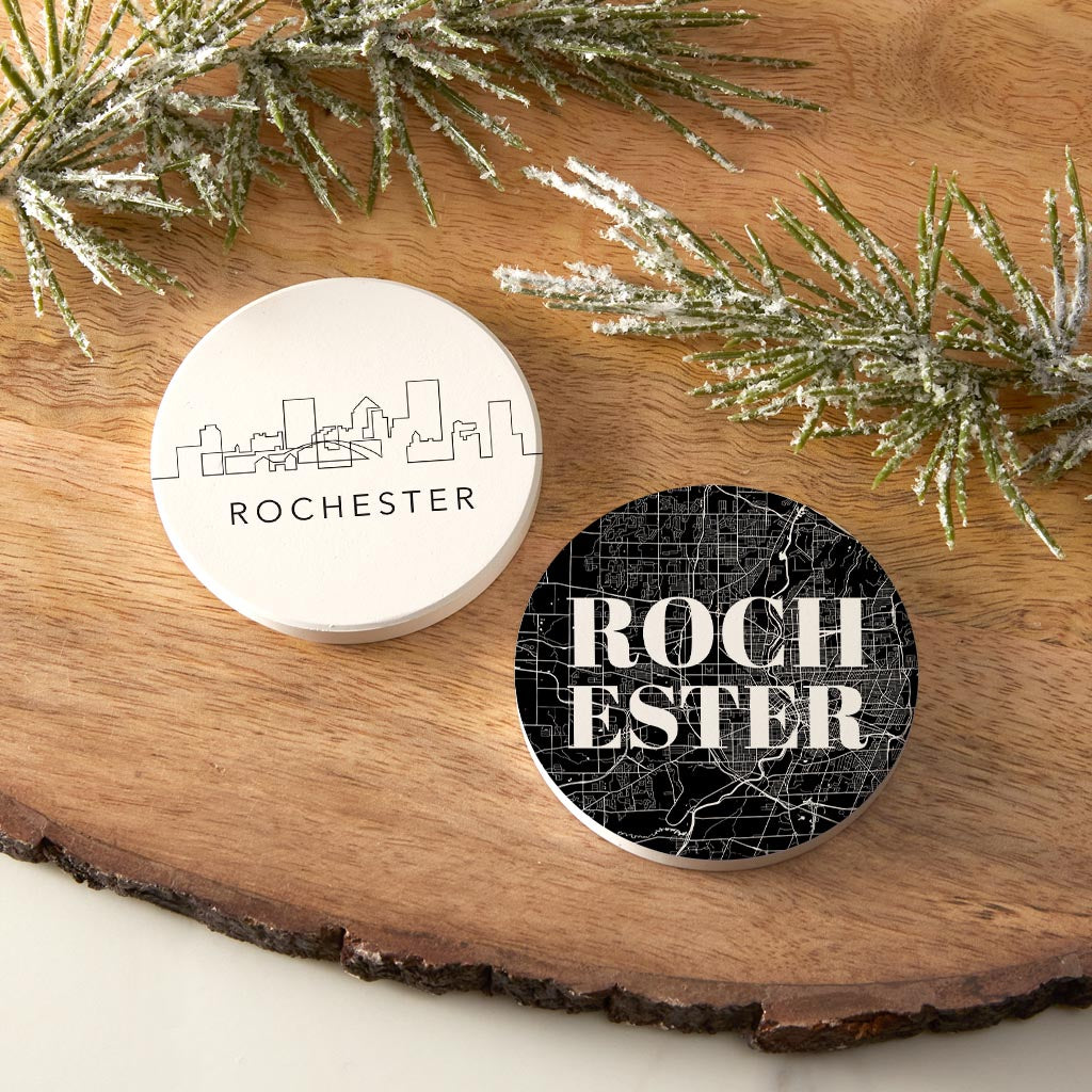 Minimalistic B&W New York Rochester Map Skyline| Absorbent Car Coasters | Set of 2 | Min 4