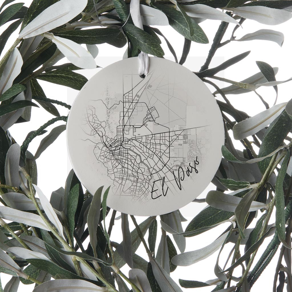 Minimalistic B&W Texas El Paso Circle Map | Wood Ornament | Eaches | Min 6