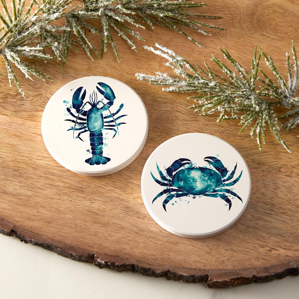 New England Water Color Crab Lobster| Absorbent Car Coasters | Set of 2 | Min 4