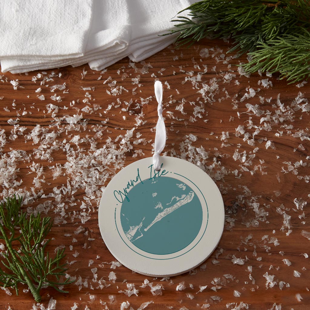 Blue White Grand Isle Circle Map | Wood Ornament | Eaches | Min 6