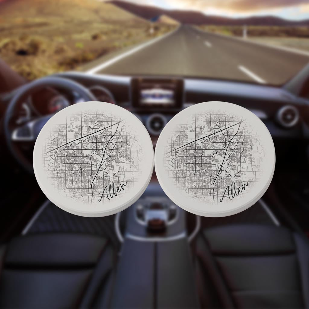 Minimalistic B&W Texas Allen Circle Map | Absorbent Car Coasters | Set of 2 | Min 4