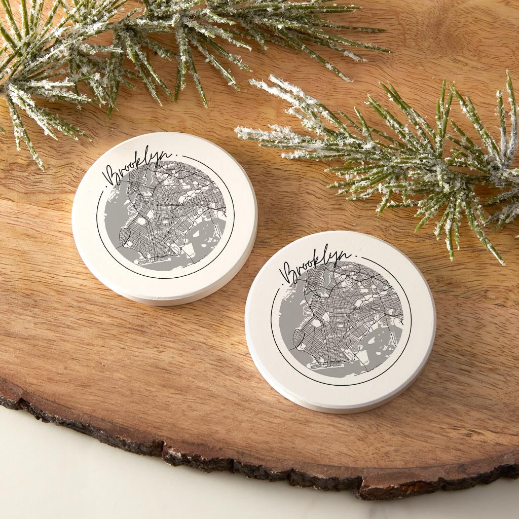 Minimalistic B&W New York Brooklyn Circle Map| Absorbent Car Coasters | Set of 2 | Min 4