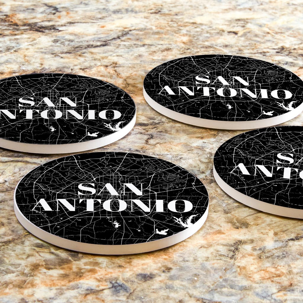 Minimalistic B&W Texas San Antonio Map | Absorbent Coasters | Set of 4 | Min 2