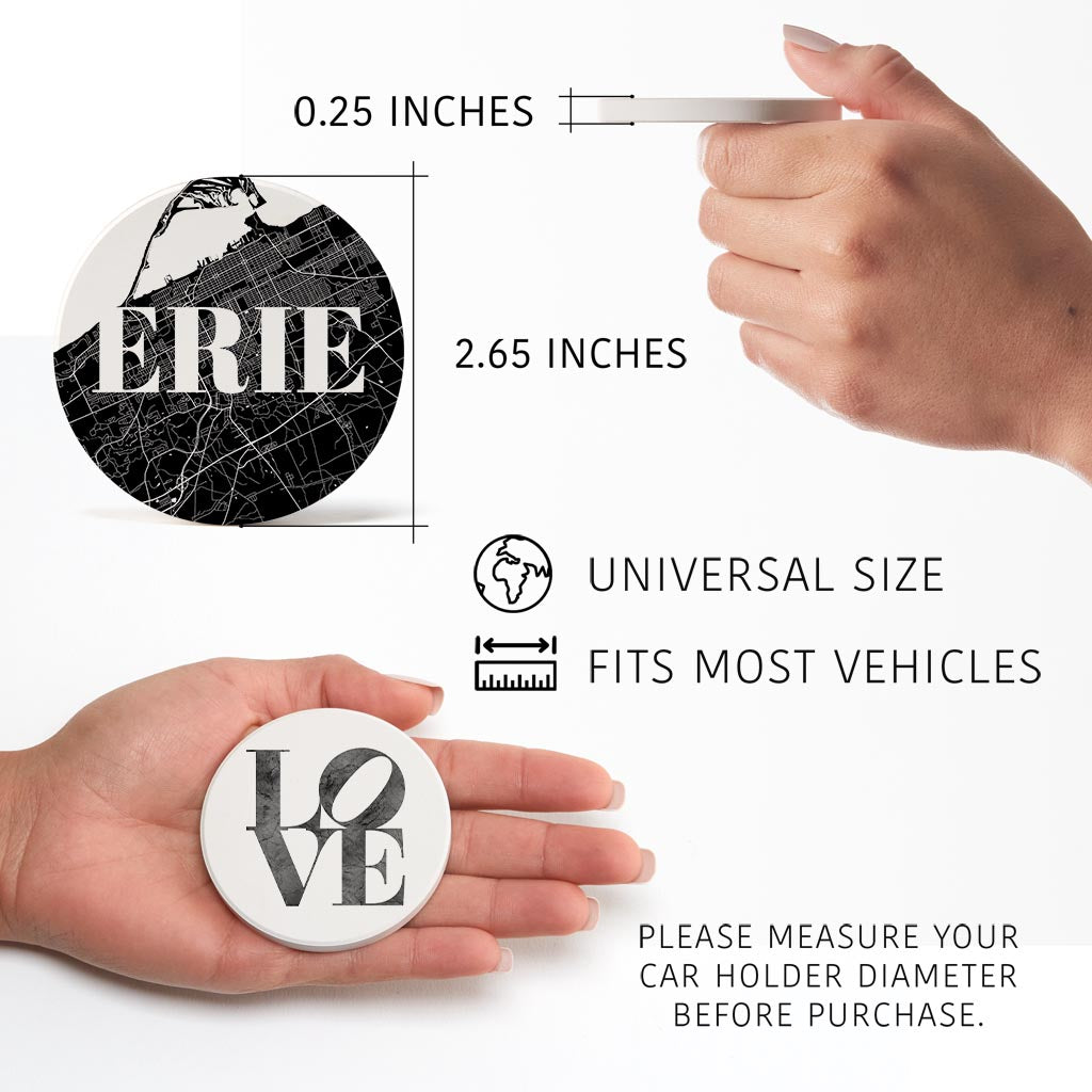 Minimalistic B&W Pennsylvania Erie Map Love| Absorbent Car Coasters | Set of 2 | Min 4