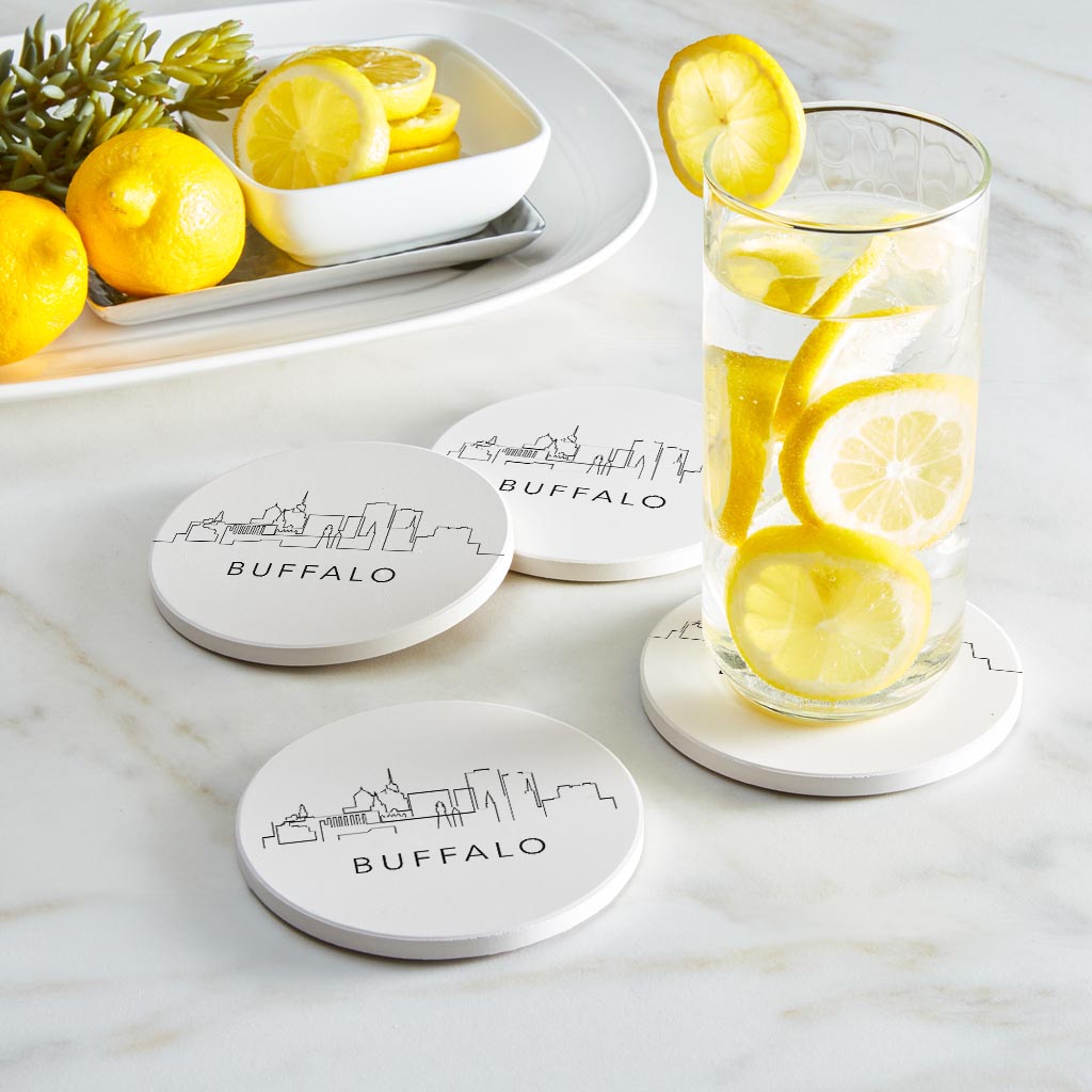 Minimalistic B&W New York Buffalo Skyline | Absorbent Coasters | Set of 4 | Min 2