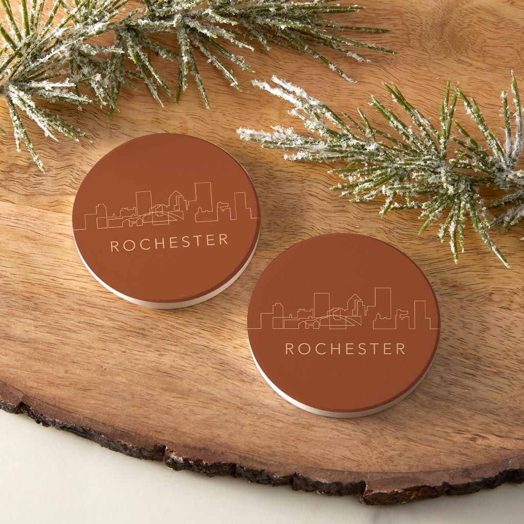 Modern Minimalist New York Rochester Skyline | Absorbent Car Coasters | Set of 2 | Min 4
